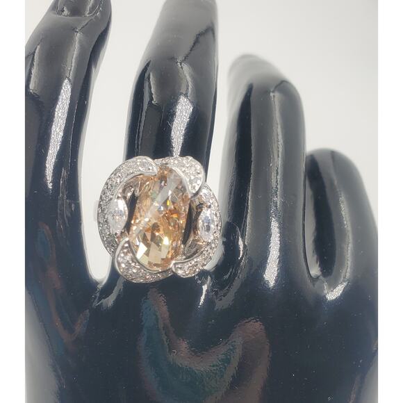 Absolute™ Geometric Champagne & Clear CZ Sterling Silver Ring Size 7 - Picture 3 of 7